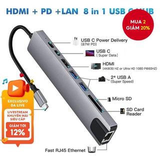  Bộ chuyển đổi USB C 8 trong 1 HUB Type C sang HDMI USB3.0 RJ45 Đầu đọc thẻ SD Truyền dữ liệu 87W PD Sạc 