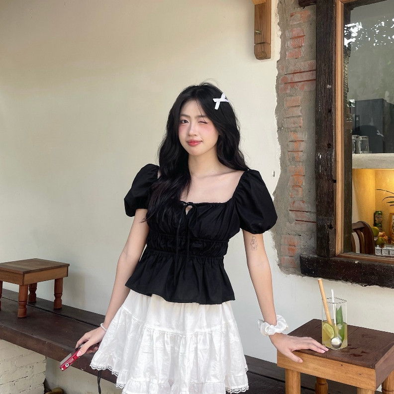 Áo Babydoll Linen Nữ Kiểu Xinh Tay Phồng Tiểu Thư Công Chúa Phối Dây Nơ Coquette Noiree MA287