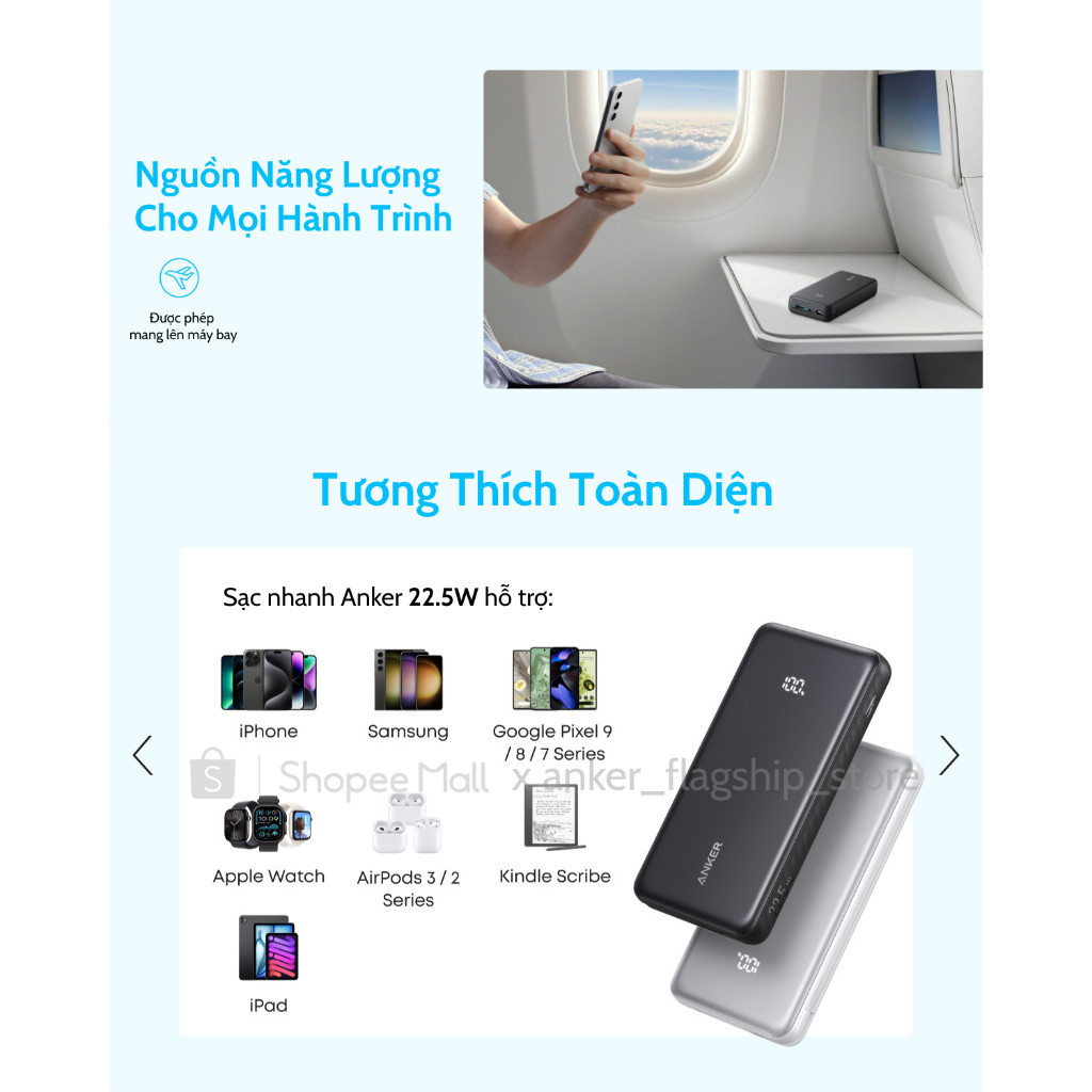 Sạc dự phòng Anker Zolo 10kmAh/20kmAh 22.5W | Tích hợp cáp USB-C | 2 Cổng 1C1A | Sạc 3 thiết bị - A110D/E | BigBuy360 - bigbuy360.vn