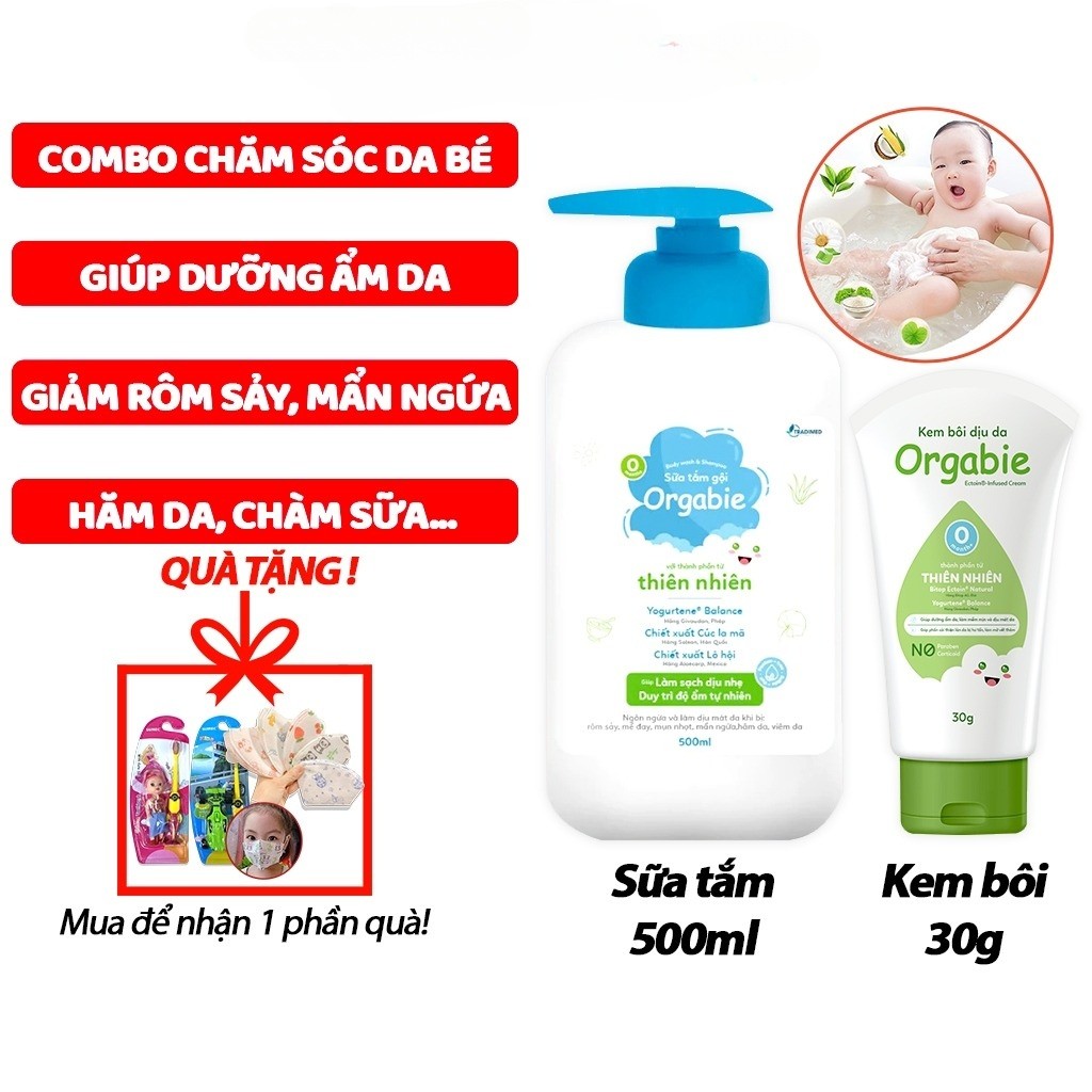 Combo giảm rôm sảy, mẩn ngứa, hăm da cho bé Sữa tắm gội Orgabie 500ml và Kem bôi da Orgabie 30g, cho