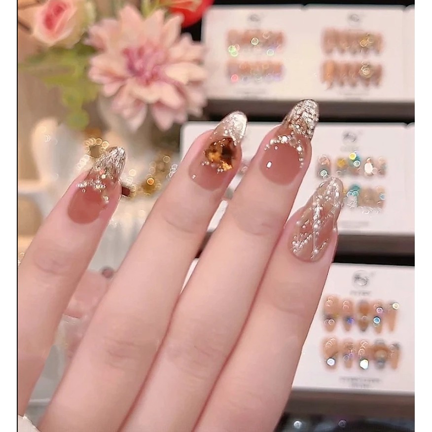 【 Móng tay giả nhân tạo thủ công 】 Golden Cat Eye Woolen Kẻ sọc Handmade Press On Nails