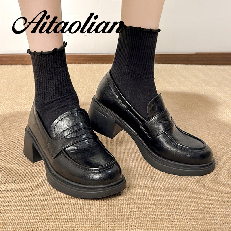 (Size 34-40) Da Thật Chính Hãng Giày Cao Gót Cao 5cm Giày Nữ Cổ Điển Giày Đế Bằng Phong Cách Anh Da 
