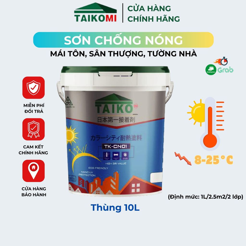 Sơn chống nóng mái tôn, sân thượng, tường nhà Taiko CN01 giảm từ 8-26°C - Thùng 10L- Tặng kèm Chổi