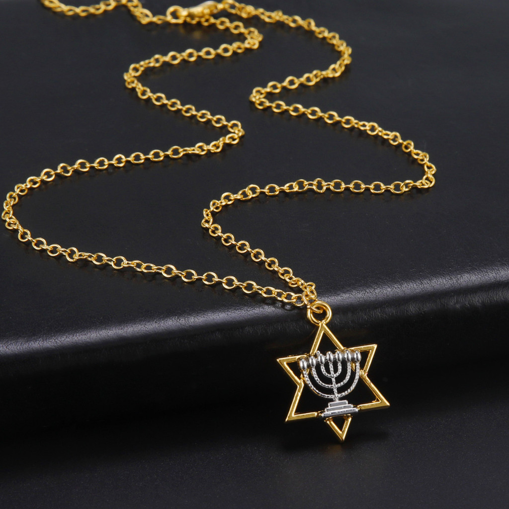 Vòng cổ mặt dây chuyền thiết kế Star of David và Menorah, thép Titanic mạ vàng, trang sức thanh lịch
