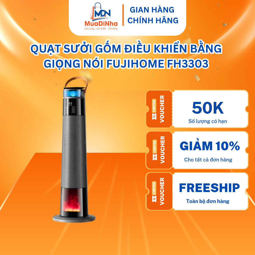 Quạt Sưởi Gốm Điều Khiển Bằng Giọng Nói Fujihome FH3303 – 2000W Làm Ấm Nhanh, Không Khô Da BH 2 Năm