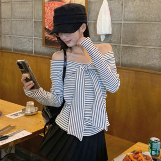 Áo Nữ Kẻ Sọc Tay Dài Trễ Vai PINKSTORE29 Kiểu Xoắn Thắt Nơ Ngực A51510 