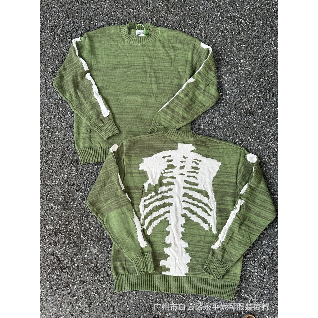KAPITAL Green Knitted Sweater with Back Bone Skeleton Hole Japanese Retro Loose Pullover Long Sleeve