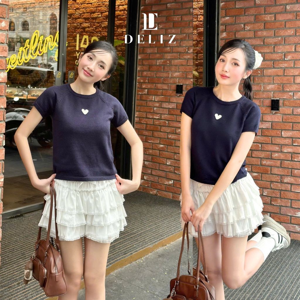 [DELIZ] - Áo len cộc tay cổ tròn trái tim chất lông thỏ mịn ALC08 DELIZ 220G