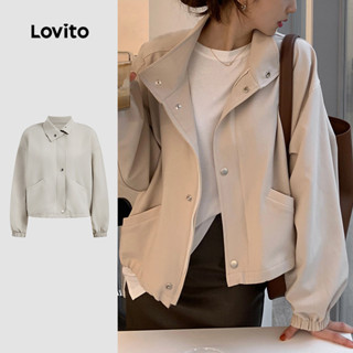  Lovito Áo khoác thông thường Áo gió   Nút chống nước Áo khoác dây kéo có túi phía trước dành cho nữ LNE33073 