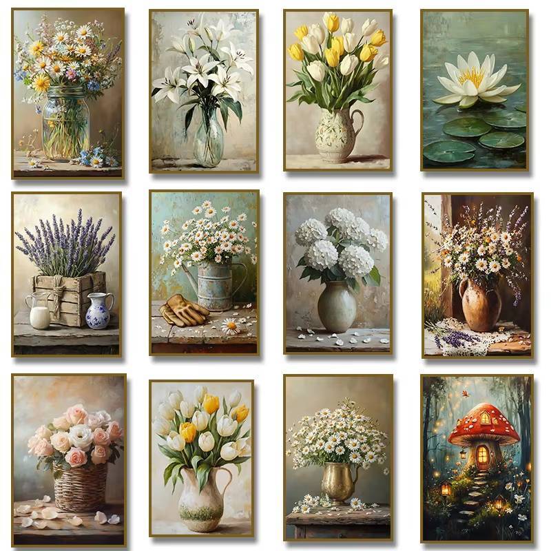 Hoa cúc trong bình vàng Hoa Tulip Bó hoa huệ Hoa dại Poster Tranh Canvas in Retro Nghệ thuật treo tư