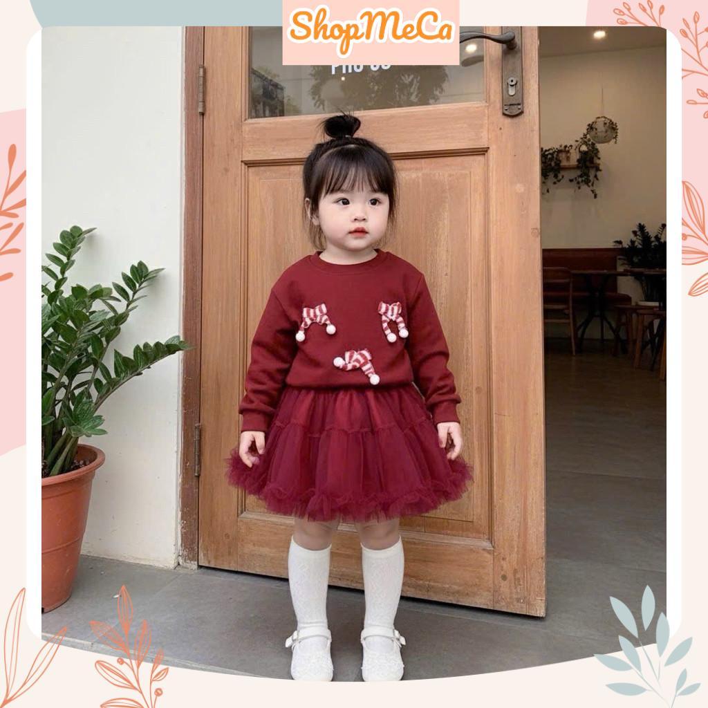 X254, Set áo len nhung đỏ nơ sọc kèm chân váy 2 lớp cho bé gái