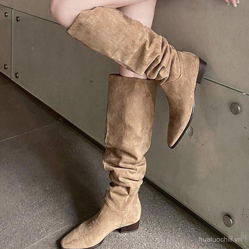 Pleated Knee-High Boots for Women, Autumn and Winter Thick Heel Heightening Riding Boots