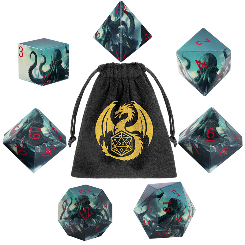 7pcs/set UV Printed Dragon Octopus Pattern Polyhedral Dice Large Size DND Dice for Role Play Games w