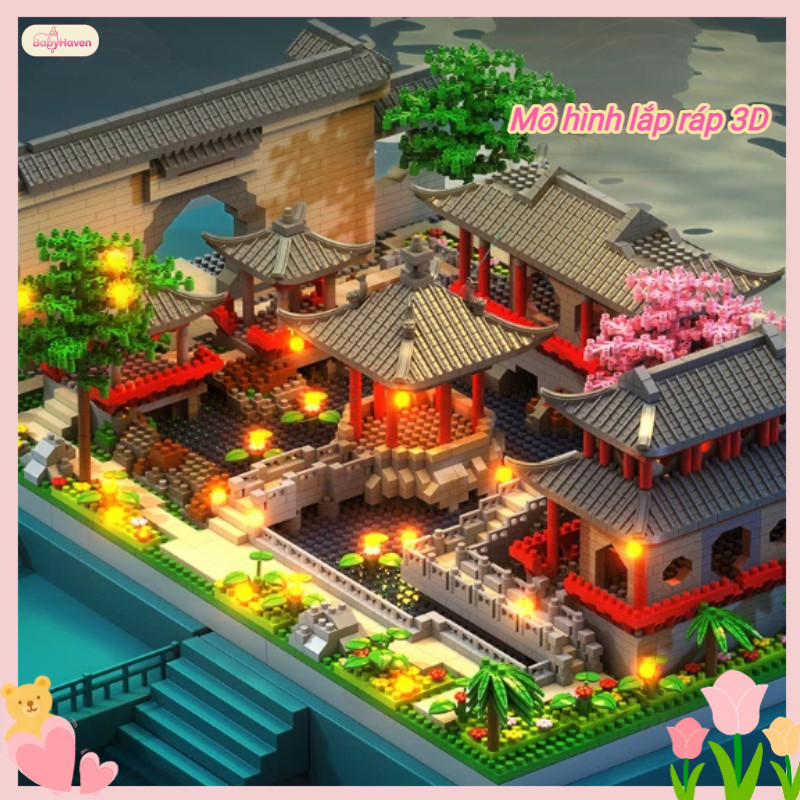 Bộ Xếp Hình Mô Hình Kiến Trúc 3D Vườn Tô Châu,Đồ Chơi Xếp Hình Sáng Tạo Kèm Đèn Trang Trí,Quà Tặng Giáo Dục Cho Bé