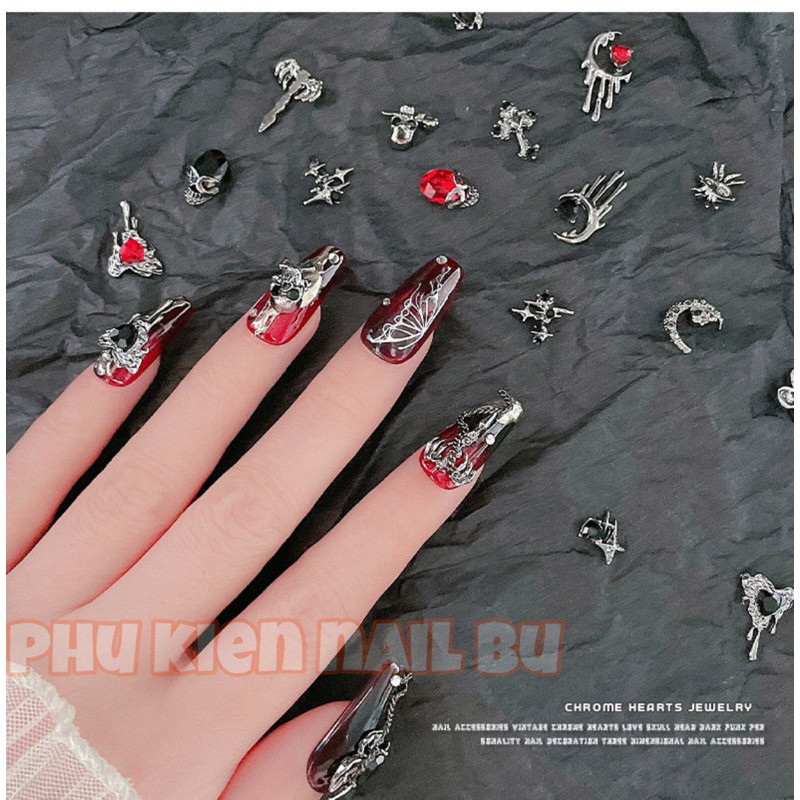Charm crom heart kim loại cao cấp trang trí móng, charm tim chảy, charm halloween nail