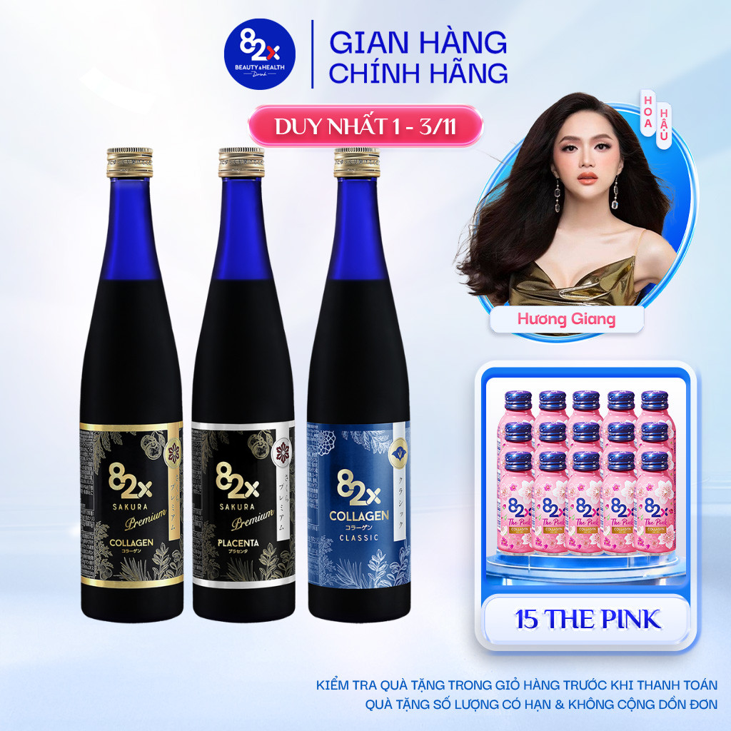 Combo 3 Chai Nước Uống Collagen 82X: COLLAGEN CLASSIC - COLLAGEN SAKURA - PLACENTA SAKURA 500ml/ Cha