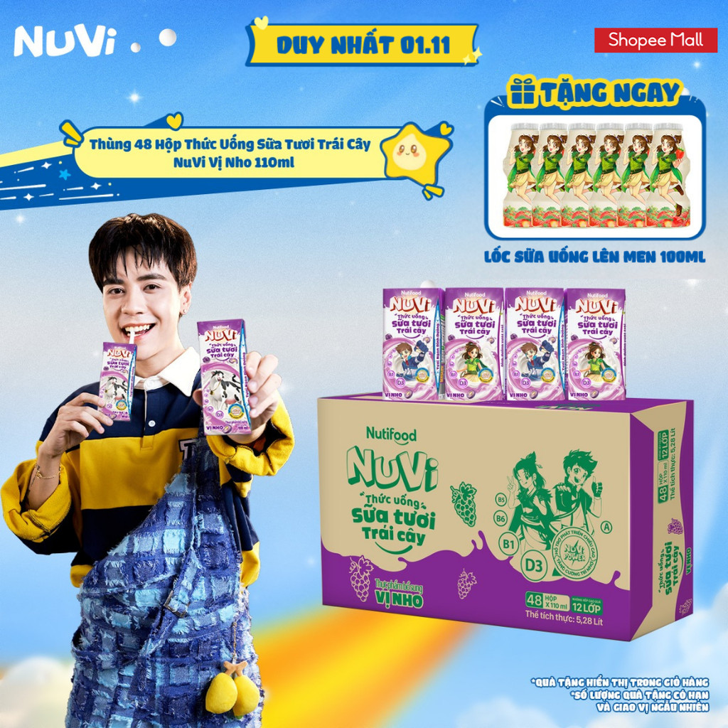 Thùng 48 Hộp Thức Uống Sữa Tươi Trái Cây NuVi Vị Nho 110ml