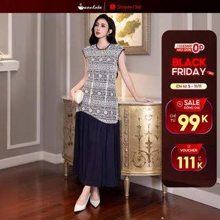  SWANLAKE | Váy Đầm Maxi Đuôi Cá Nữ Cotton Cát Phối Ren Lưới Thêu Hoa Sát Nách Tiệc Công Sở D12917 