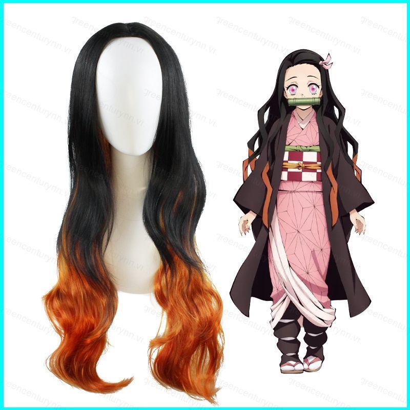 Tóc giả cosplay Kamado Nezuko Demon Slayer, màu đen dài xoăn