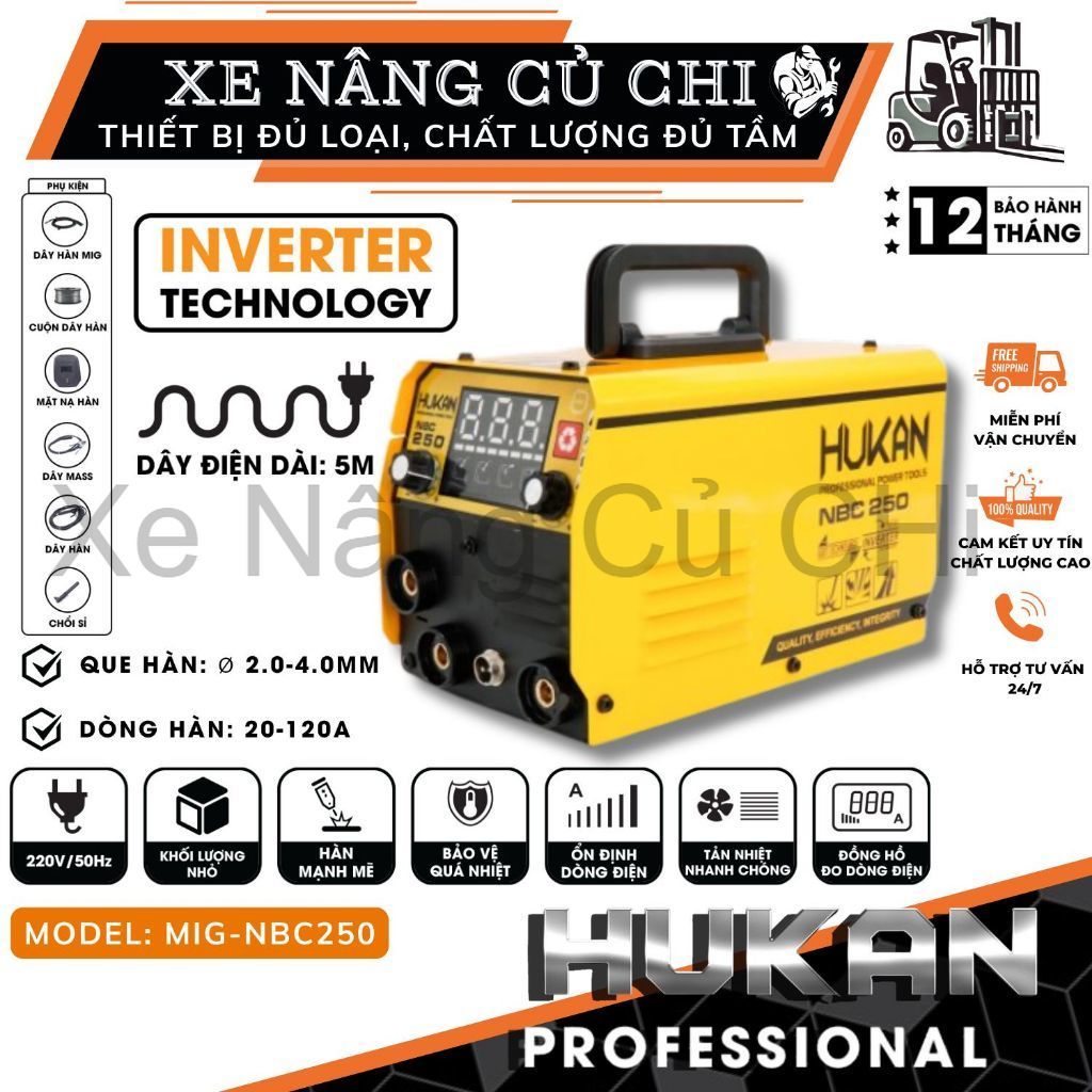 Máy hàn 3 chức năng MIG-NBC250  hàn que + hàn MIG + hàn TIG, 220V, que Ø1.6–4.0mm, nhỏ gọn tiện lợi