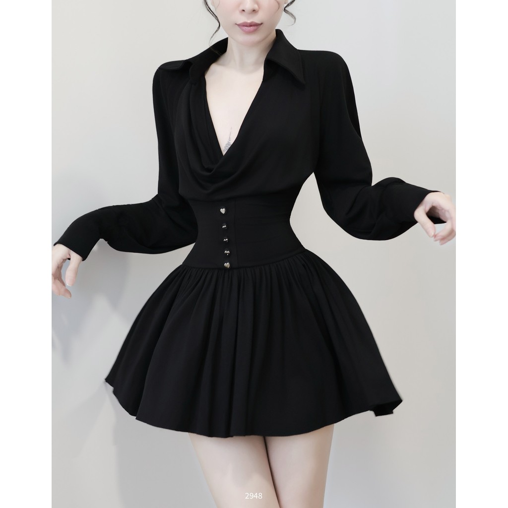 /𝙇.𝙎𝙩𝙪𝙙𝙞𝙤/ NOIR - Đầm ngắn kiểu somi cổ đổ, tùng xoè nhẹ thanh lịch, 2 lớp sang xịn mịn tôn dáng