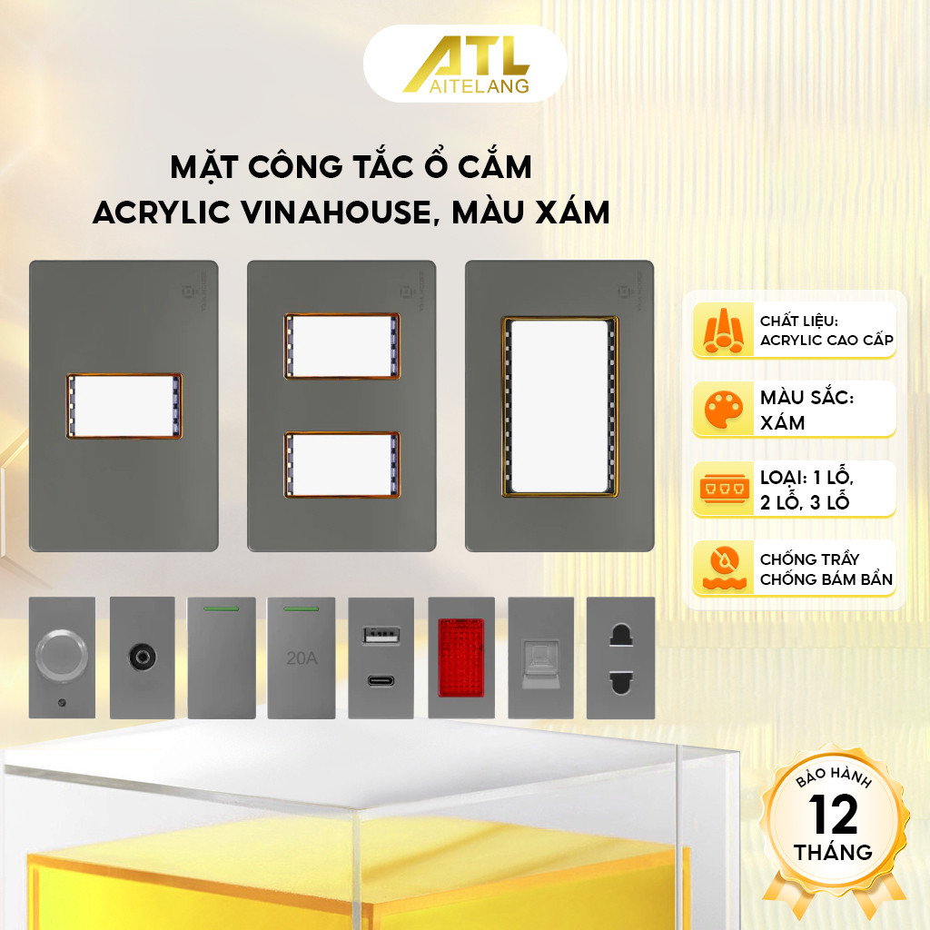 Mặt công tắc ổ cắm Acrylic màu xám VinaHouse cao cấp, sang trọng, bền đẹp, dễ lắp đặt