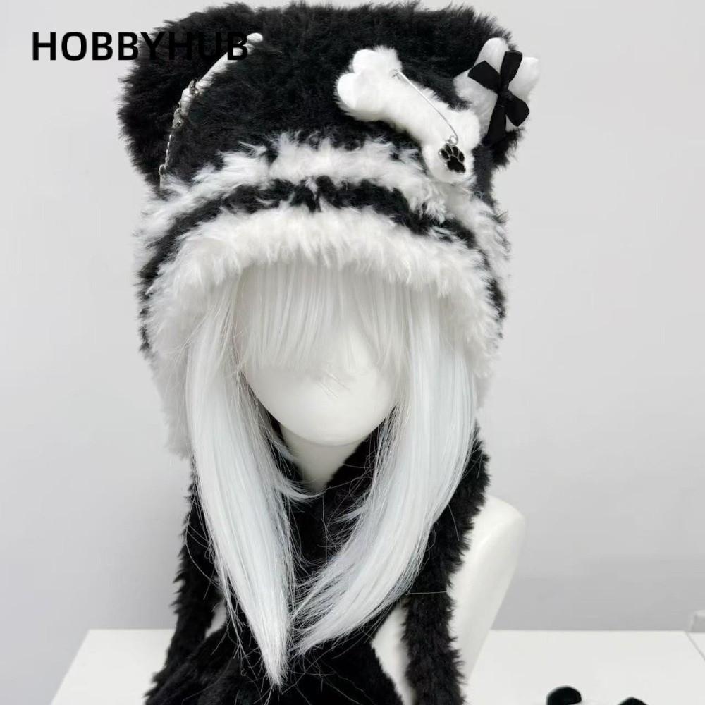 HobbyHub Mũ Beanie Gothic Punk Dệt Kim, Thiết kế Lông Tơ và Chiếc Xương Nhỏ, Phong Cách Y2K