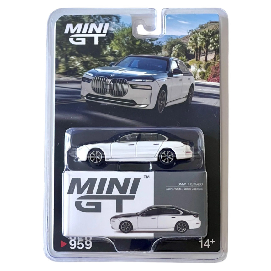 Đồ chơi xe mô hình Mini GT Card Version MGT00959 BMW i7 xDrive60 Alpine White / Black Sapphire cho b