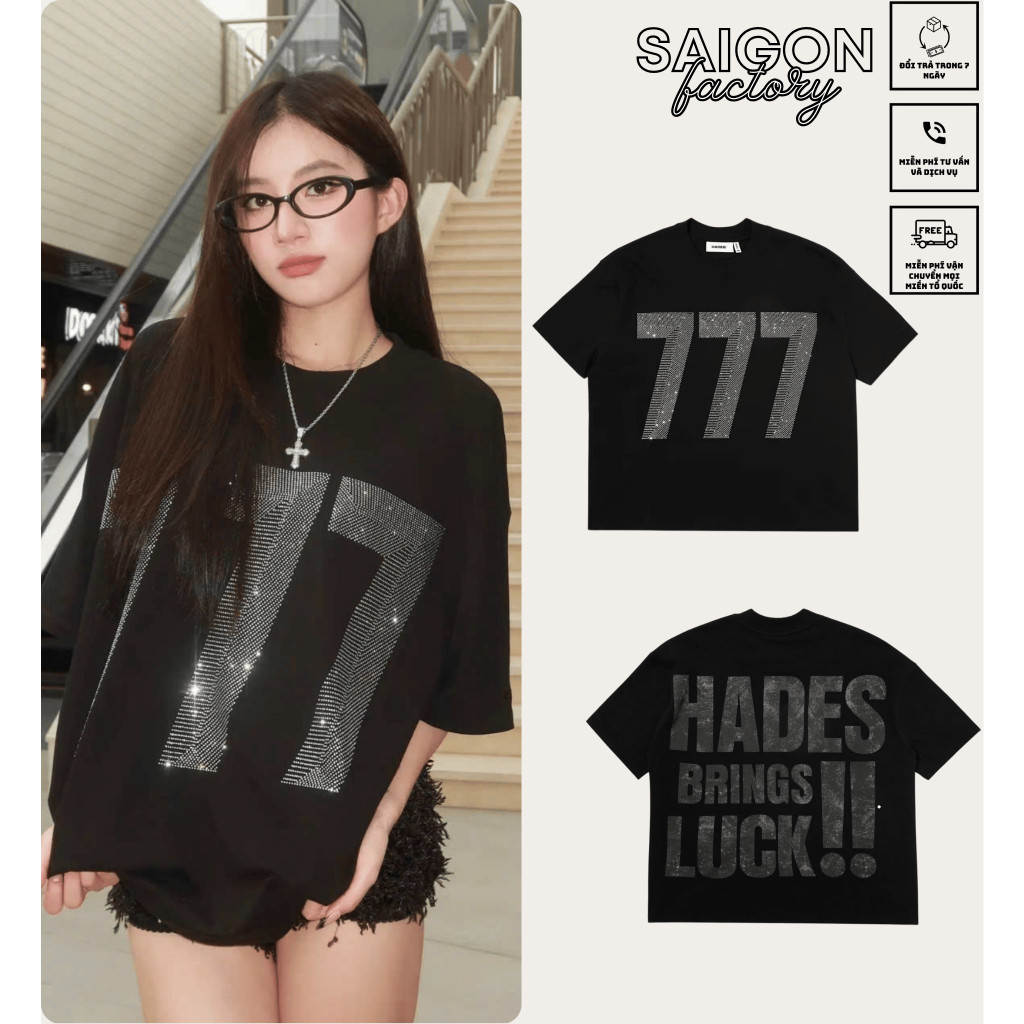 (COD) Áo thun Hades 777 Đính Đá - Áo thun nam nữ Tay lỡ Unisex Cotton Cao Cấp