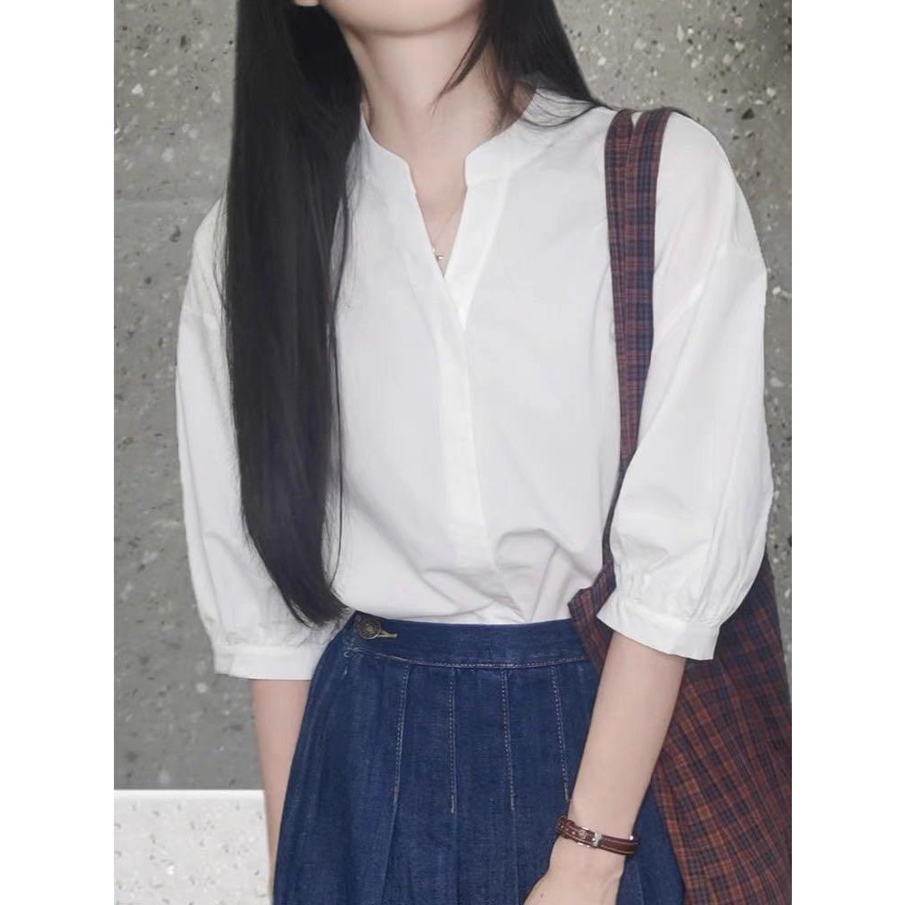 Áo SơMi thiết kế Lamo Design Áo sơ mi trắng công sở nữ dáng cổ tàu tay lỡ basic trẻ trung B1101