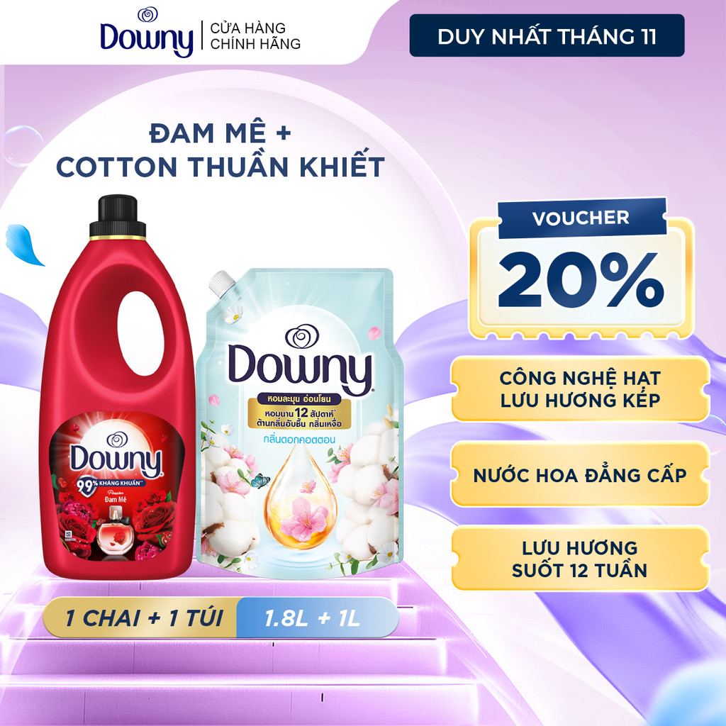 Combo Nước xả vải Downy Đam mê 1.8L (Dạng chai) + Nước xả vải Túi 1L Cotton Thuần Khiết