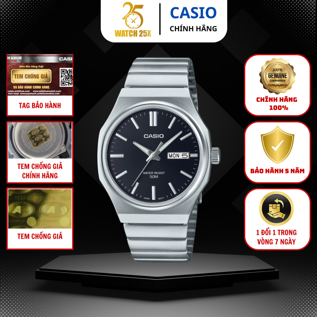 Đồng hồ Casio Chính Hãng Nam MTP-E735D-1AVDF Watch25x Dây Kim Loại, Thiết Kế Đơn Giản, Thanh Lịch