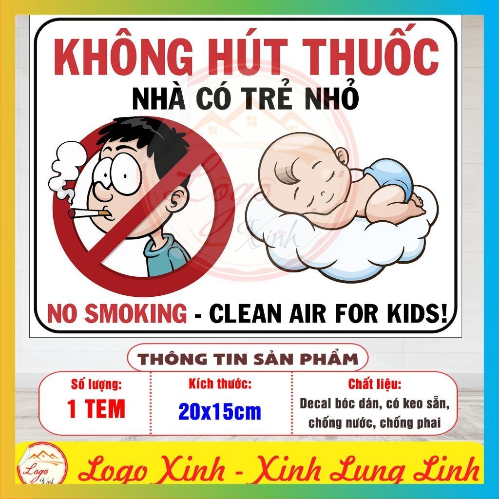 LOGO TEM STICKER KHÔNG HÚT THUỐC NHÀ CÓ TRẺ NHỎ, NO SMOKING KID CHILD INSIDE, CẤM HÚT THUỐC LÁ CÓ TR