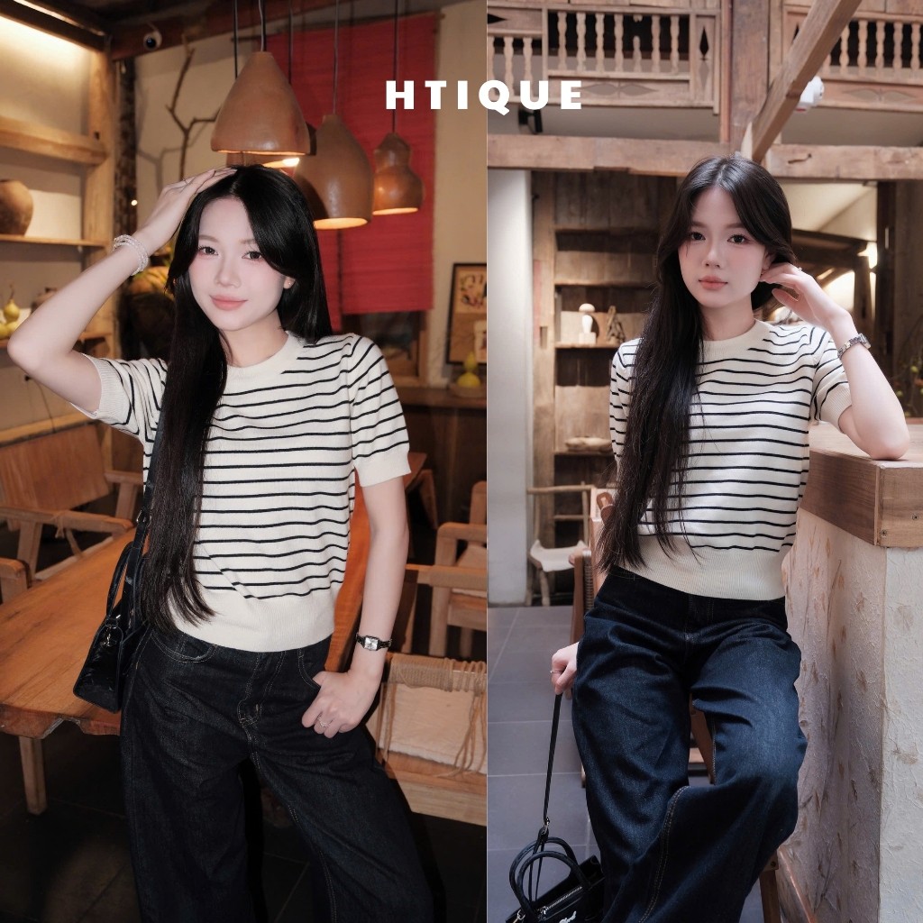(BST hè HTIQUE) Áo len kẻ ngang basic, Áo len dệt kim nhẹ nhàng dễ phối đồ HT27