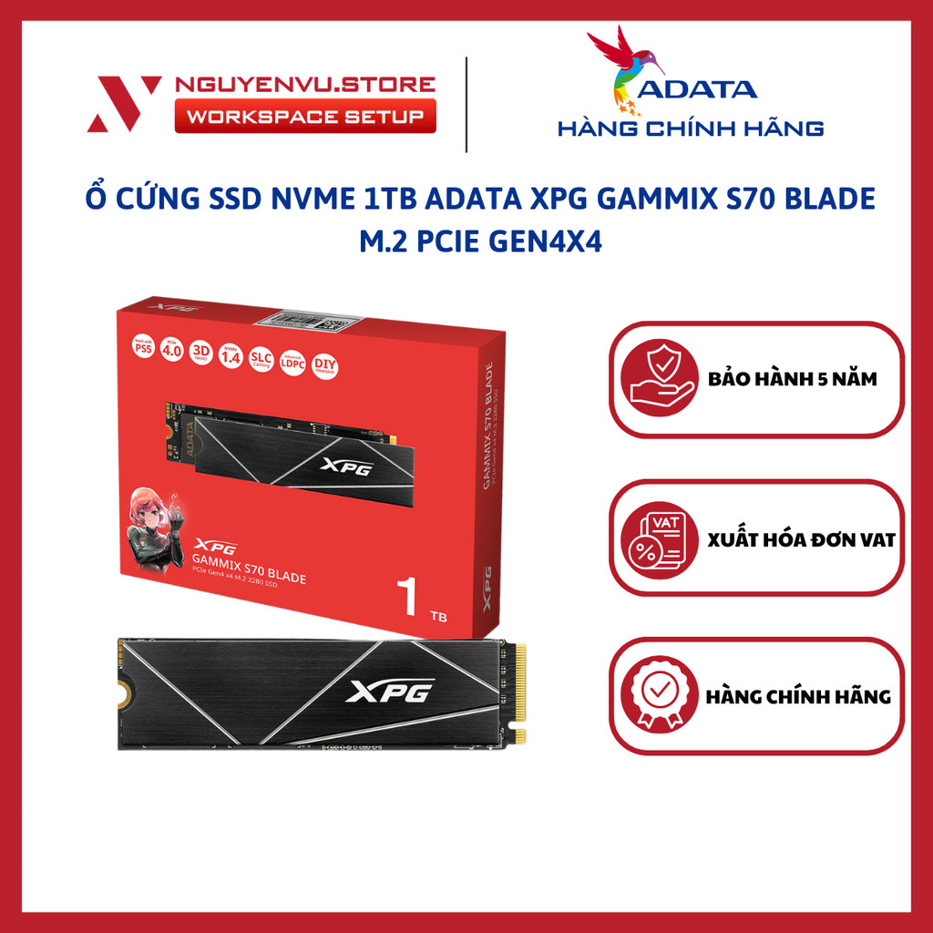 Ổ cứng SSD Adata XPG GAMMIX S70 BLADE 1TB M.2 2280, Đọc 7.400 MB/s, Ghi 6.800 MB/s - Hàng Chính Hãng