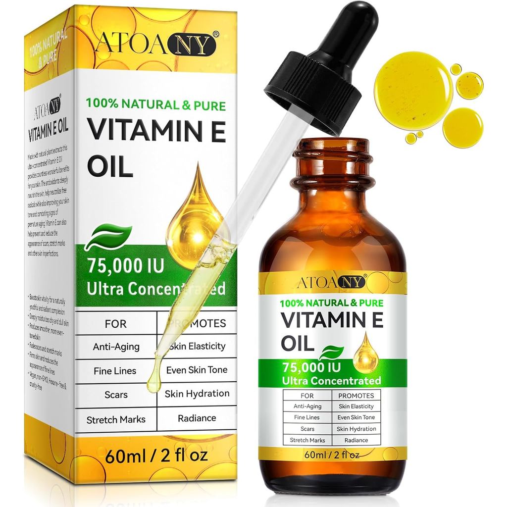 Dầu Vitamin E, Dầu Vitamin E tự nhiên cho da 75.000 IU, Dầu Vitamin E nguyên chất hữu cơ cho da mặt,