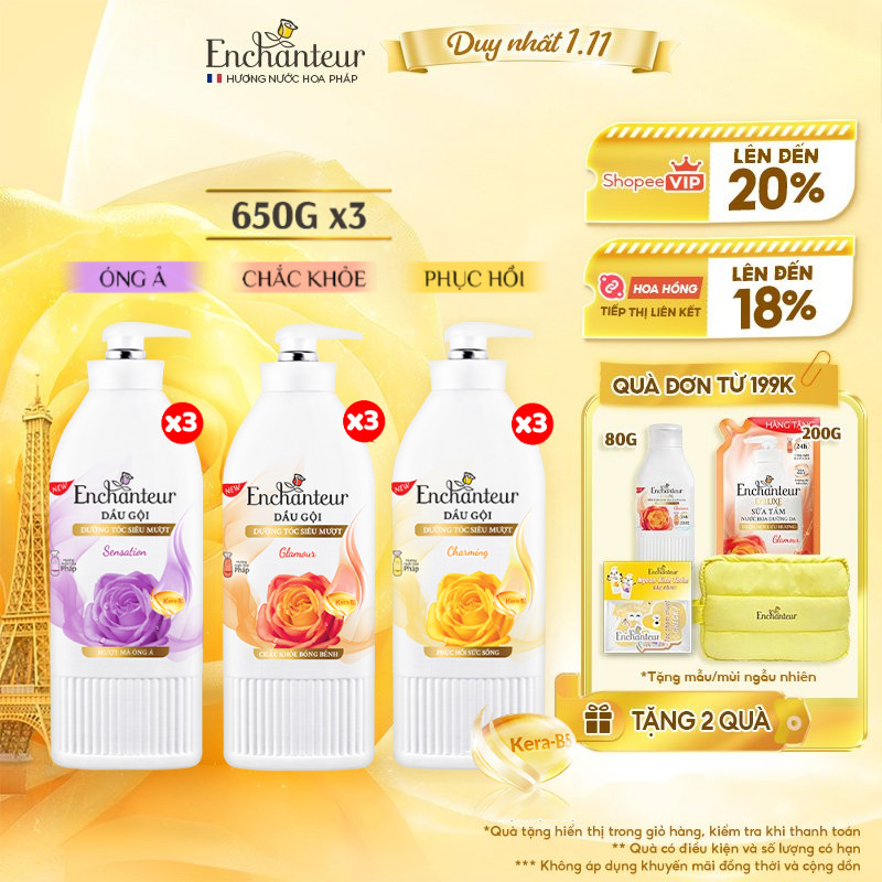 Combo 3 Dầu gội dưỡng tóc siêu mượt thơm Enchanteur Keratin 650g - Charming Phục hồi sức sống/Sensat