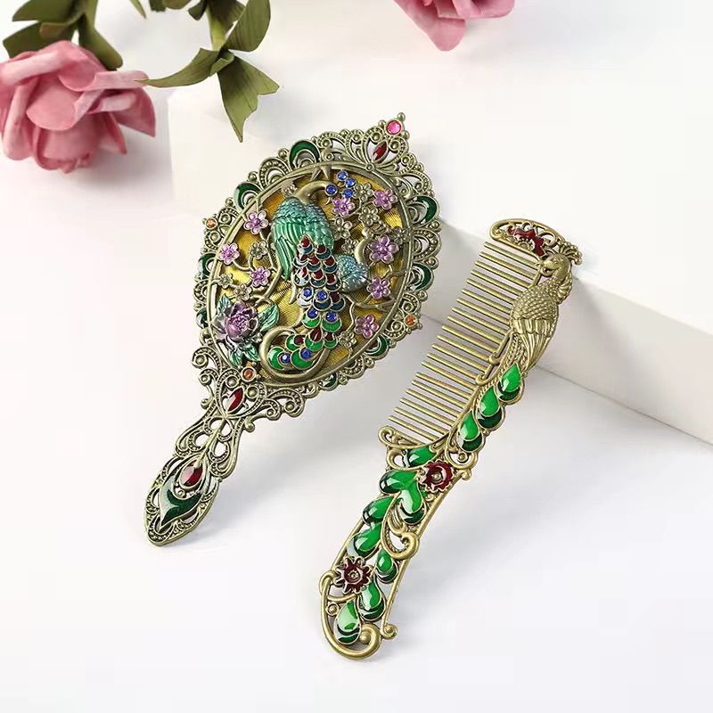 Trung Quốc Retro Gương Trang Điểm Lược Bộ Di Động Di Động Con Công Tay Cầm Gương Bộ Quà Tặng Sinh Nh