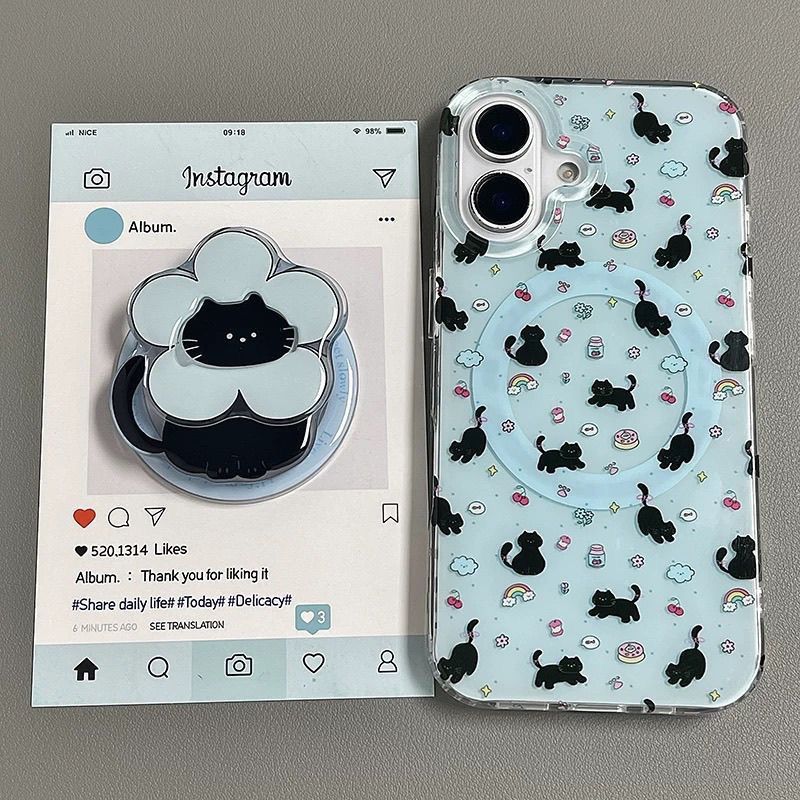 Hoạt Hình Hoạt Hình Đáy Xanh Toàn Màn Hình Mèo Đen Nhỏ Từ Giá Đỡ Ốp Lưng Điện Thoại Thích Hợp Cho iP