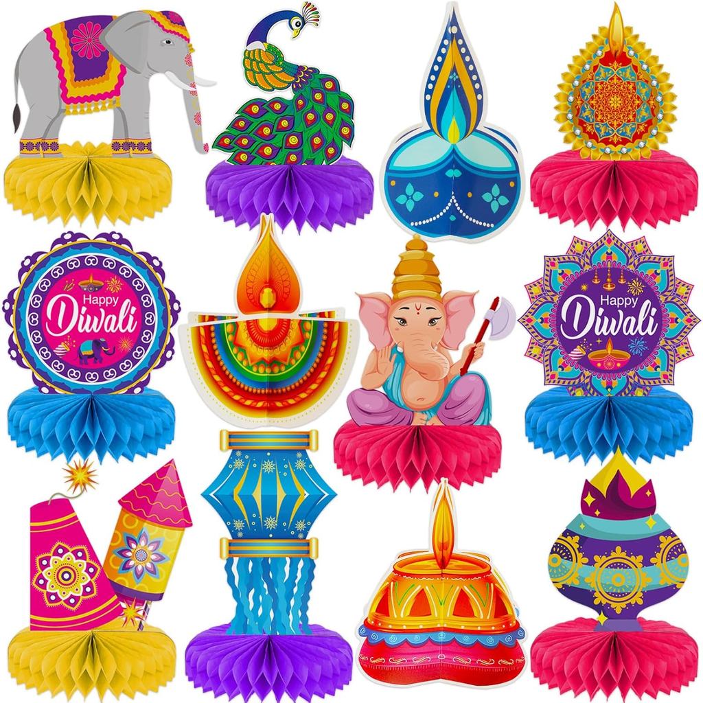 12 Chiếc Diwali Trang Trí Tiệc Bàn Toppers Happy Diwali Tổ Ong Trung Tâm Diwali Đèn Tổ Ong Tiệc Tổ O
