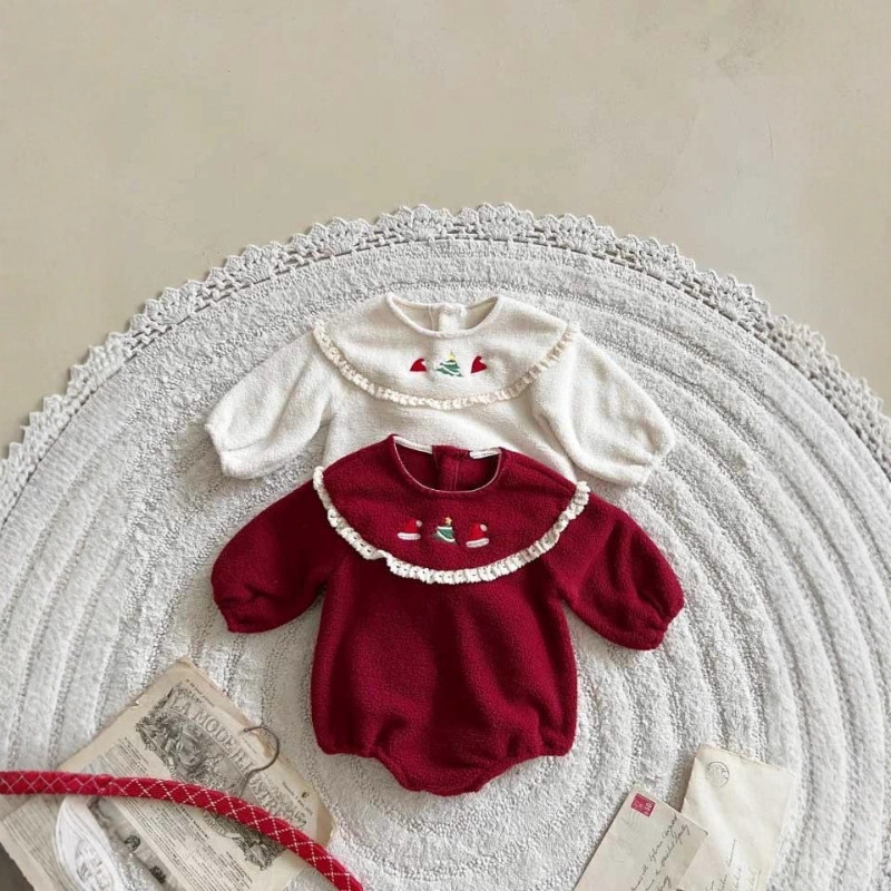 Autumn and winter baby girl Christmas hat embroidered plush warm long sleeved jumpsuit girl's clothe