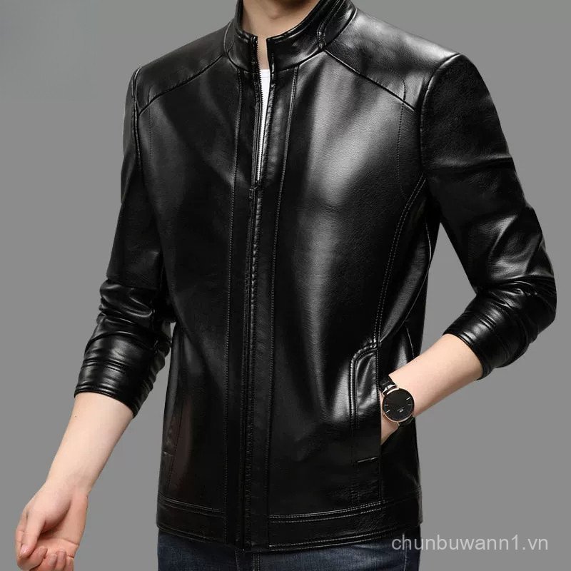 Men's Leather Jacket Autumn Winter Fleece Lined Leather Motorcycle Jacket Slim Fit Casual Warm for M