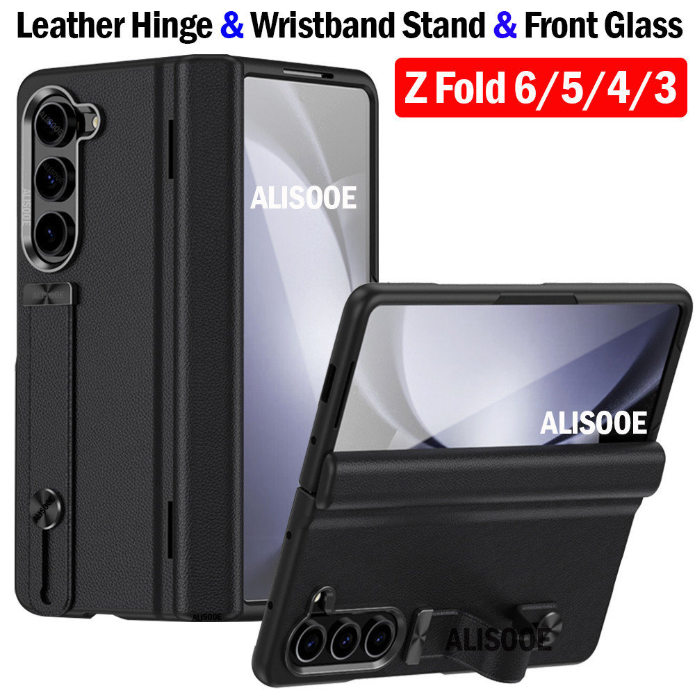 Dây đeo cổ tay Bản lề Bao da cho Galaxy Z Fold 6 Ốp lưng Kính phía trước Capa cho Z Fold 6 5 4 3 Fun