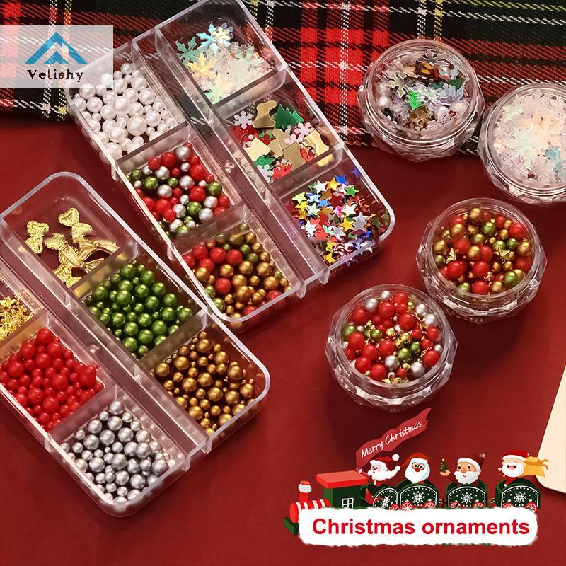 Velishy Giáng Sinh Đỏ / Xanh Ngọc Trai Móng Tay Kim Cương Giả Kích Thước Hỗn Hợp Ngọc Trai Hạt Nhiều