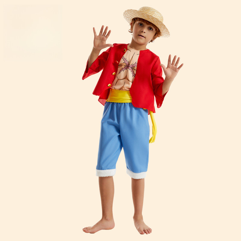 One Piece Monkey D Luffy cosplay bộ quần áo cổ điển, mũ rơm, phù hợp trẻ em