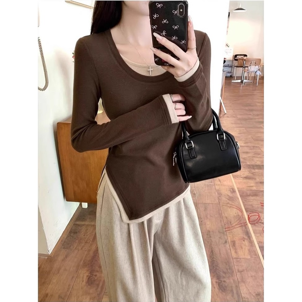 áo phông nữ girl phố hot 2025 phố ôm tay dài cổ tròn basic áo thun nhún eo retro chất mát kiểu sang 