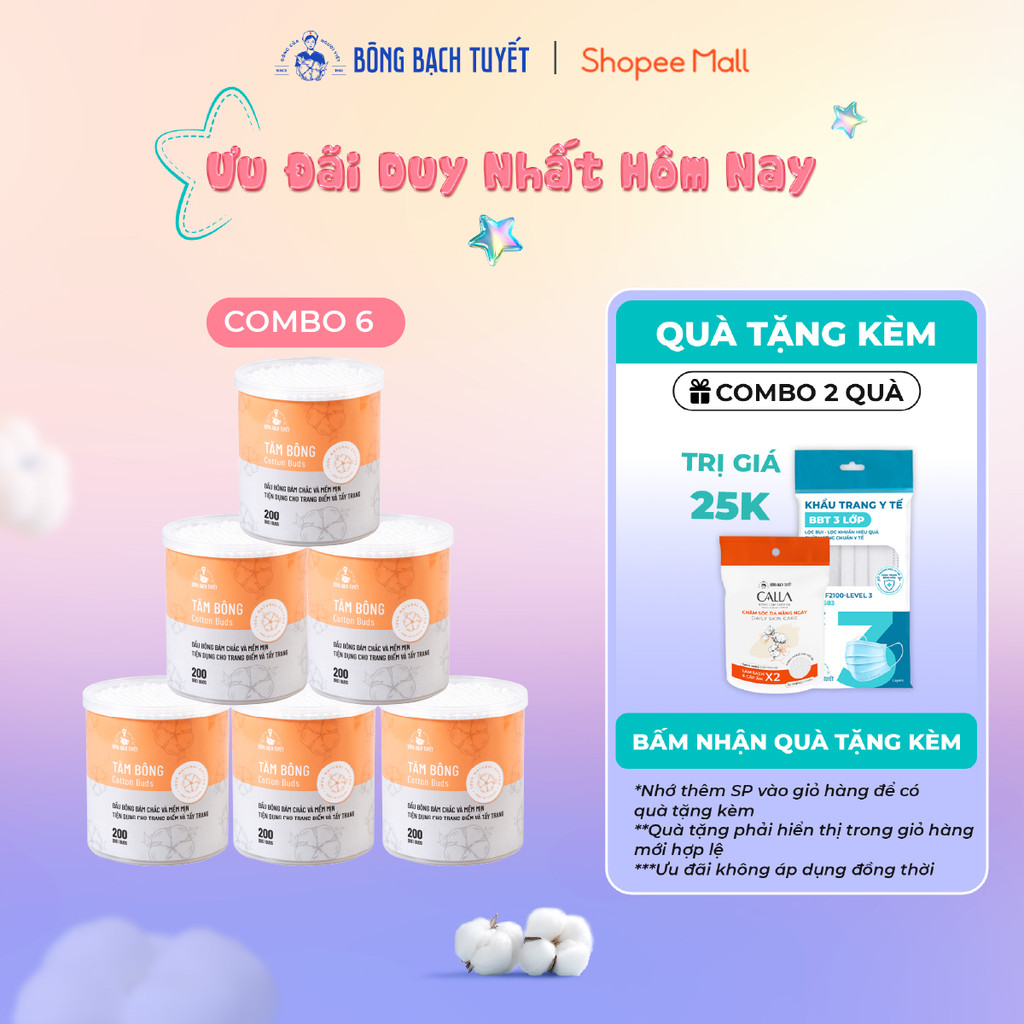 Combo 6 Hộp tăm bông Bông Bạch Tuyết người lớn (200 que/hộp tròn)