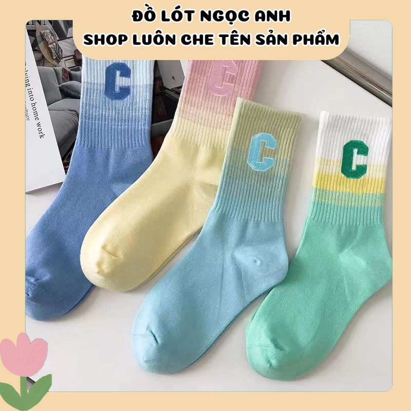 Set Tất, Vớ Họa Tiết Chữ C Phối Màu Loang Cổ Cao Siêu Xinh, Phong Cách Hàn Quốc- T10