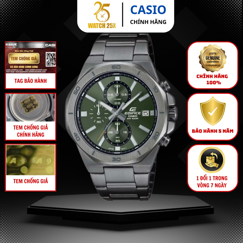 Đồng Hồ Nam Casio Edifice EFV-640DC-3AVUDF Watch25x Chronograph Xanh Rêu Dây Thép.
