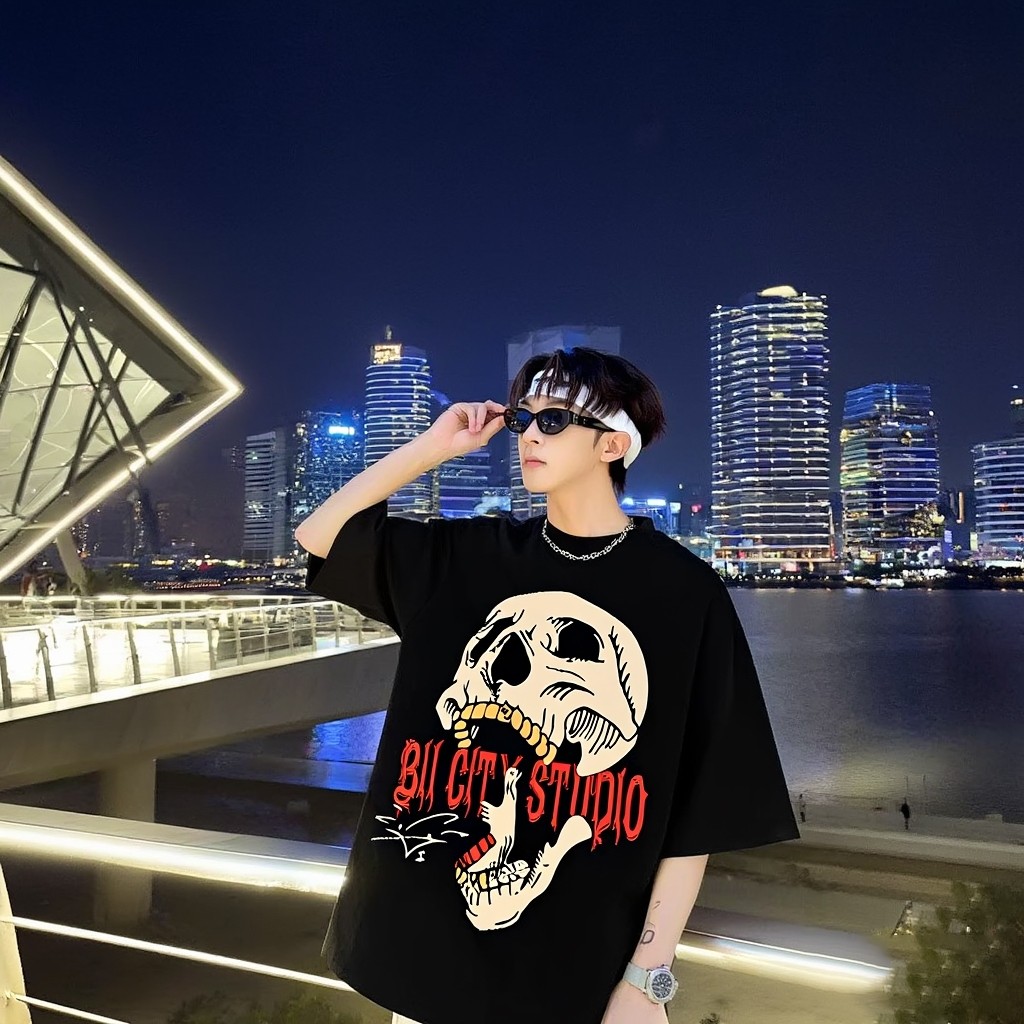 Áo thun cotton Đầu Lâu nam nữ, Áo Cổ Tròn Cao Cấp Tay Ngắn, chất cotton 2c bề mặt vải mềm định lượng